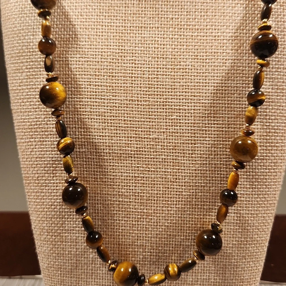 14k Tiger Eye Beaded Women's Necklace - Brown